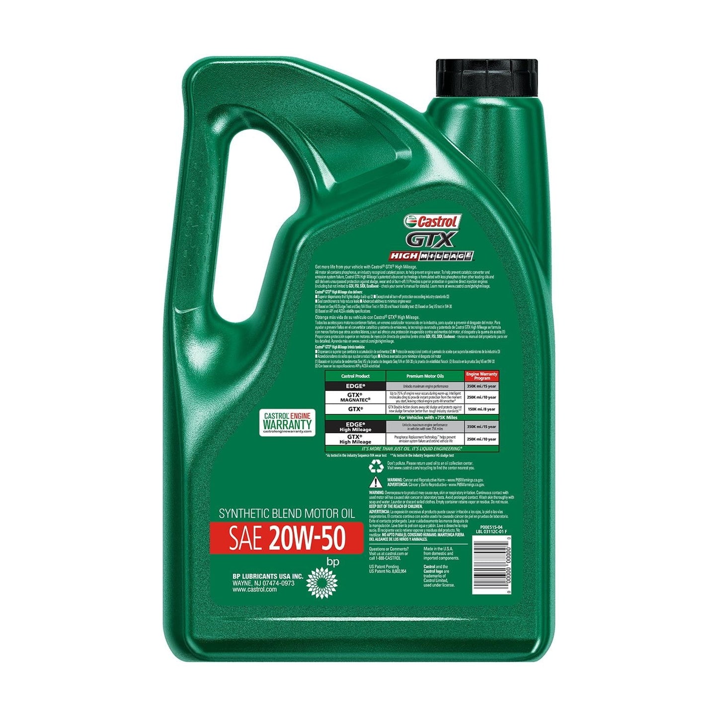 Castrol GTX High Mileage 20W-50 Synthetic Blend Motor Oil, 5 Quarts