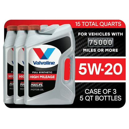Valvoline Full Synthetic High Mileage MaxLife 5W-20 Motor Oil 5 QT, Case of 3