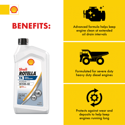 Shell Rotella T4 Triple Protection 15W-40 Diesel Motor Oil, 1 Quart
