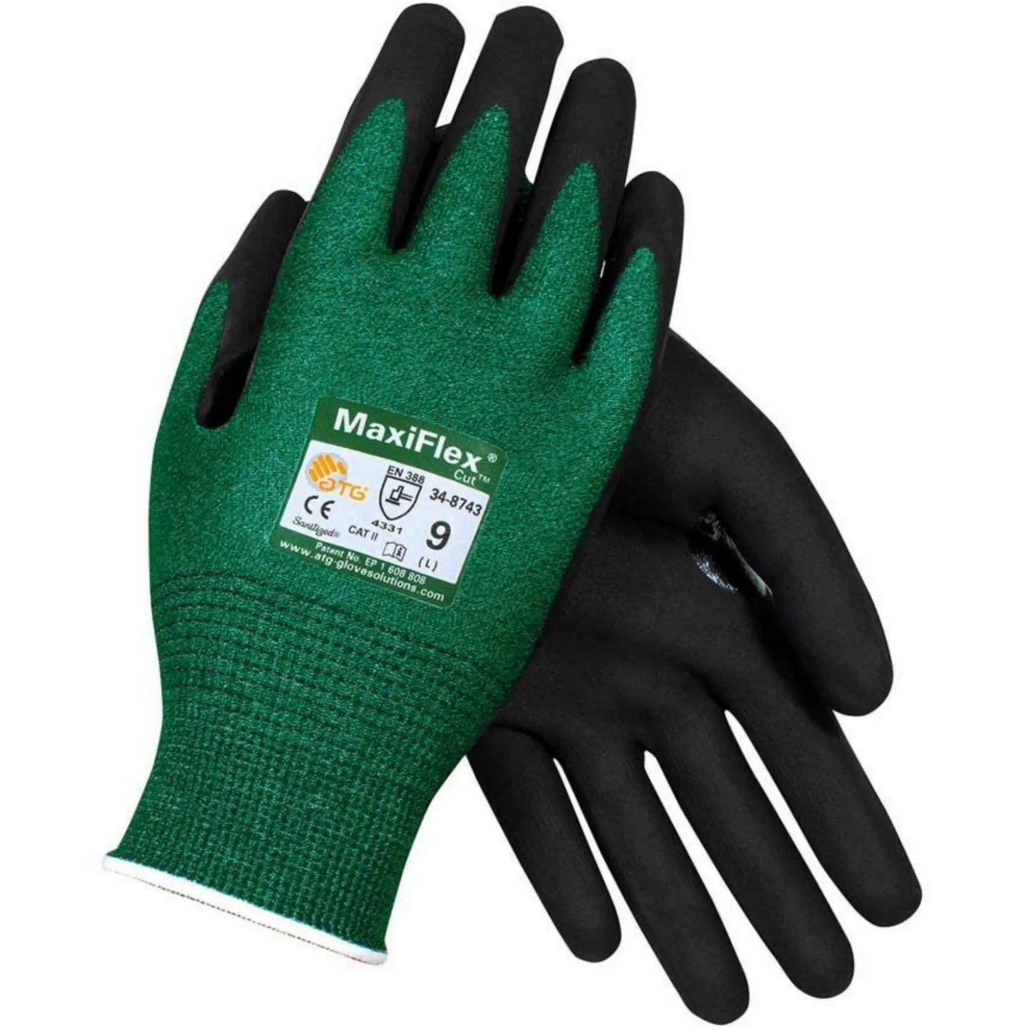 PIP ATG 34-8743 MaxiFlex Cut Seamless Knit Glove with Black MicroFoam Nitrile Coated, Green